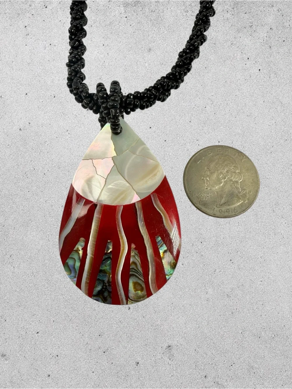 Boho Mother Of Pearl Abalone Teardrop Necklace Coconut Shell Black Seed Bead 16”